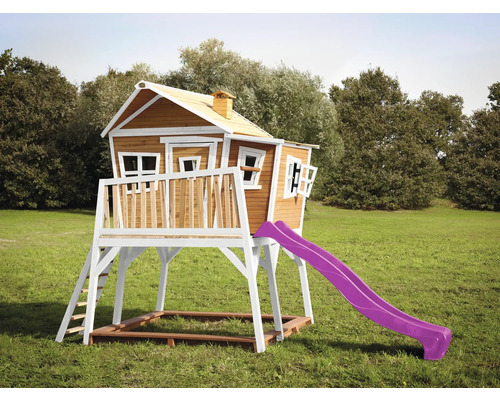 Cabane de jeux sur pilotis axi Max 432 x 193 cm bois marron avec toboggan violet