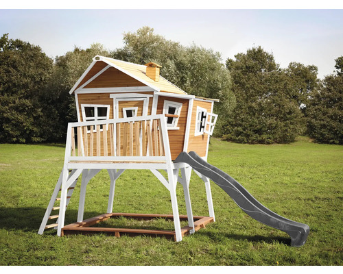 Cabane de jeux sur pilotis axi Max 432 x 193 cm bois marron avec toboggan gris foncé