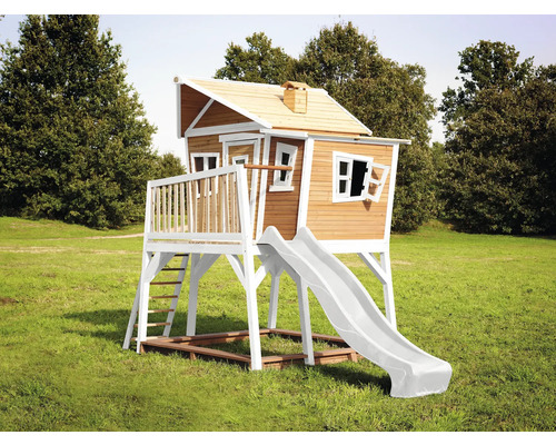 Cabane de jeux sur pilotis axi Max 432 x 193 cm bois marron avec toboggan blanc