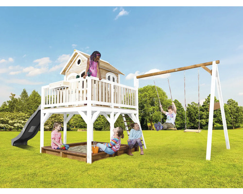 Aire de jeux avec cabane, toboggan, balançoire et bac à sable pour enfants