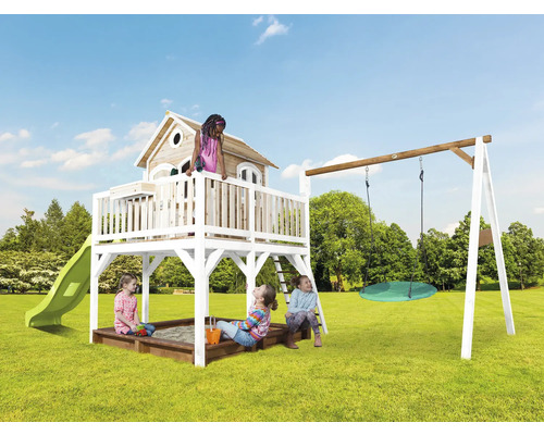 Aire de jeux pour enfants avec cabane, toboggan, balançoire et bac à sable