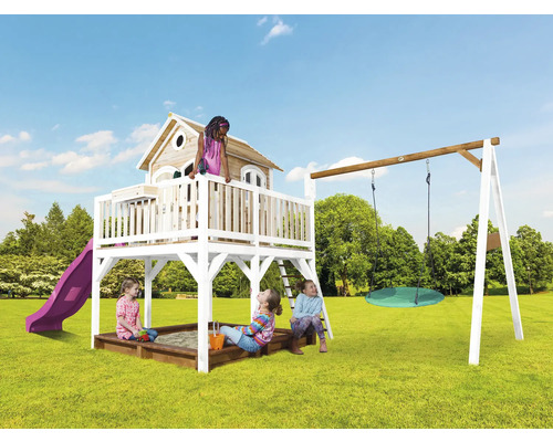 Aire de jeux avec cabane, toboggan, bac à sable et balançoire pour enfants