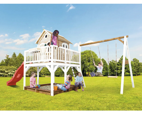 Aire de jeux avec balançoire, bac à sable, toboggan et cabane pour enfants