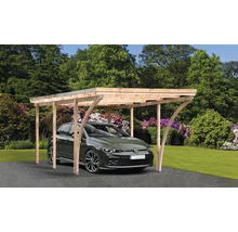 Un abri de voiture en bois avec une voiture en dessous à l''extérieur.