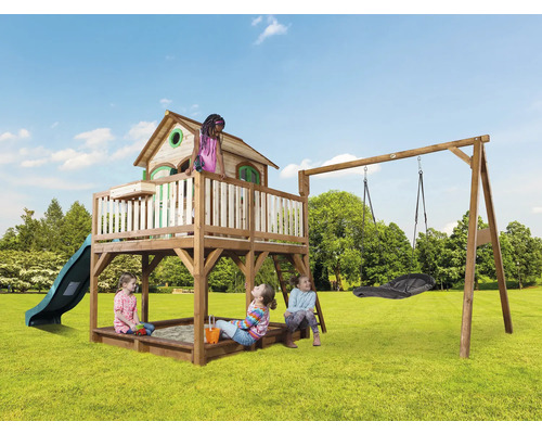 Aire de jeux avec cabane, bac à sable et balançoire pour enfants