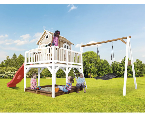 Aire de jeux avec cabane, toboggan, balançoire et bac à sable pour enfants