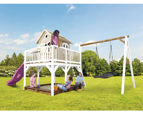 Aire de jeux pour enfants avec toboggan, bac à sable et balançoire pour le jardin