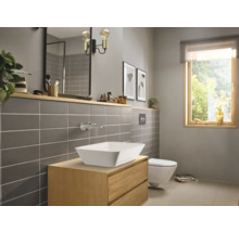Salle de bain moderne avec meuble-lavabo, vasque à poser et WC suspendu.