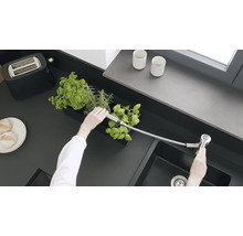 Küchenszene mit Kräutern, Spüle und Armatur