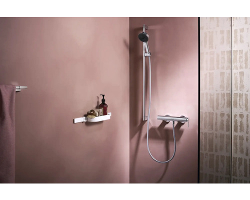 Salle de bain avec porte-serviettes, étagère de douche, robinetterie de douche et pommeau de douche