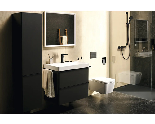 Salle de bains moderne avec lavabo, armoire de toilette, WC suspendu et douche.