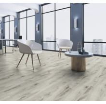 Heller Raum mit Laminatboden, Stühlen und Tisch