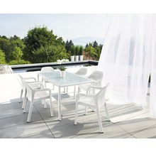 Gartensitzgruppe mit Tisch und sechs Stühlen auf einer Terrasse