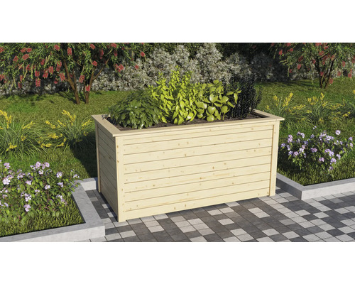 Jardinière en bois dans un jardin avec des plantes