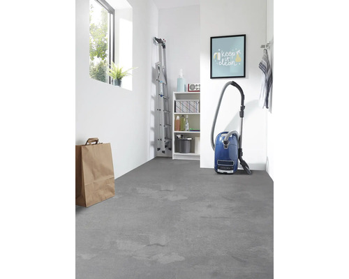 Pièce lumineuse avec échelle, étagère, aspirateur et revêtement de sol gris