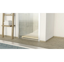 Salle de bain avec douche, échelle à serviettes et plancher en bois