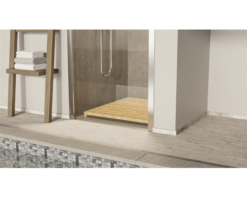 Badezimmer mit Dusche, Handtuchleiter und Mosaikfliesen