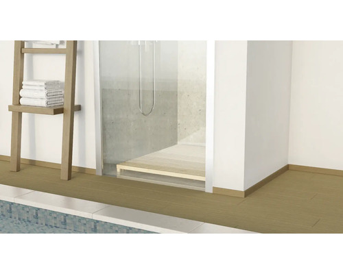 Badezimmer mit Dusche, Handtuchleiter und Plattenboden.