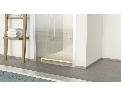 Badezimmer mit Dusche und Handtuchleiter