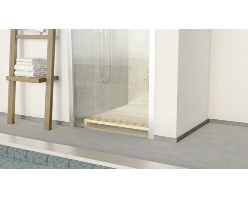 Salle de bains avec douche, échelle porte-serviettes et carrelage.