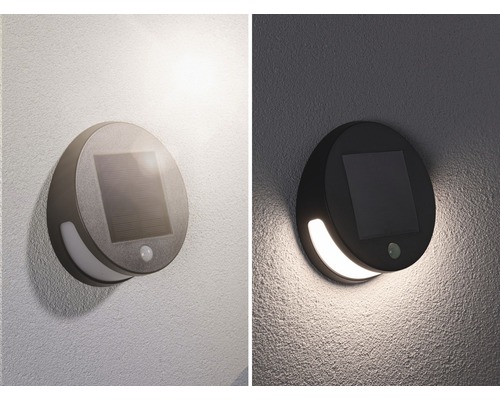 Solarleuchte für die Wand mit Bewegungsmelder im Tages- und Nachtzustand