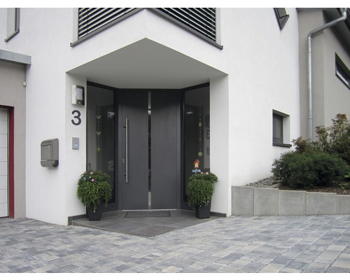 Fassade eines Hauses mit Haustür, Briefkasten und Hausnummer