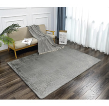 Salon avec tapis gris, canapé et rideaux