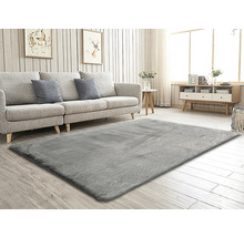 Salon avec tapis gris, canapé, table et commode