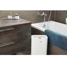 Badezimmer Szene mit Waschbeckenunterschrank, Badewanne und Luftreiniger