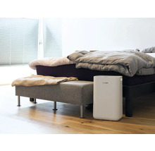 Schlafzimmer mit Bett, Sitzbank und Luftentfeuchter