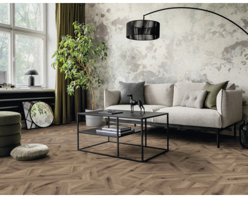 Salon avec canapé, table basse, plante d''intérieur et parquet en bois à chevrons