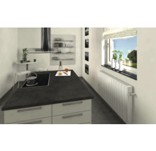 Moderne Küche mit Kochinsel, Dunstabzugshaube und Heizkörper