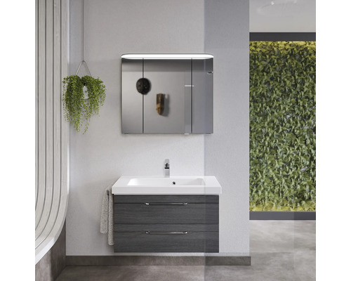 Modernes Badezimmer mit Waschtischunterschrank, Waschbecken, Spiegelschrank und Dekoration