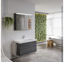 Salle de bain moderne avec meuble sous-lavabo, armoire de toilette et mur végétal