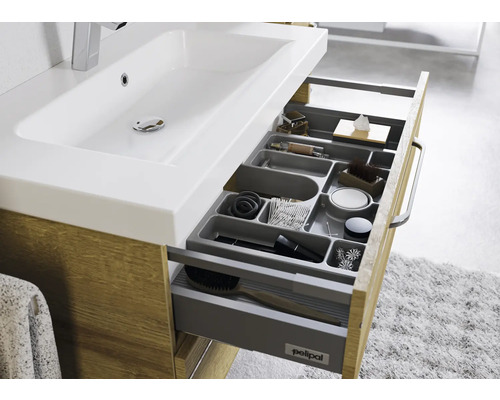 Meuble sous-lavabo avec tiroirs coulissants et système de rangement pour accessoires de salle de bain