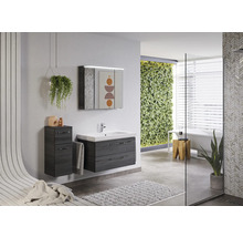 Salle de bains lumineuse avec meuble sous-lavabo, armoire de toilette, mur végétal et douche