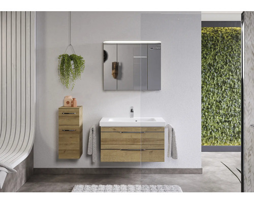 Salle de bains avec meuble sous-lavabo, armoire de toilette, armoire suspendue et décorations