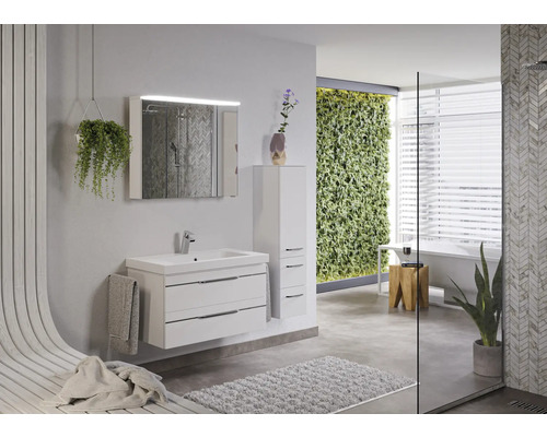 Salle de bains moderne avec meuble sous-vasque, armoire de toilette, armoire haute et plantes vertes
