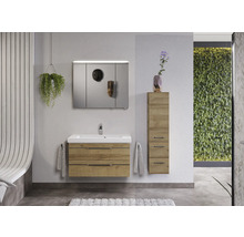 Salle de bains moderne avec meuble sous-lavabo, armoire de toilette et armoire haute en imitation bois, ainsi que des décorations.