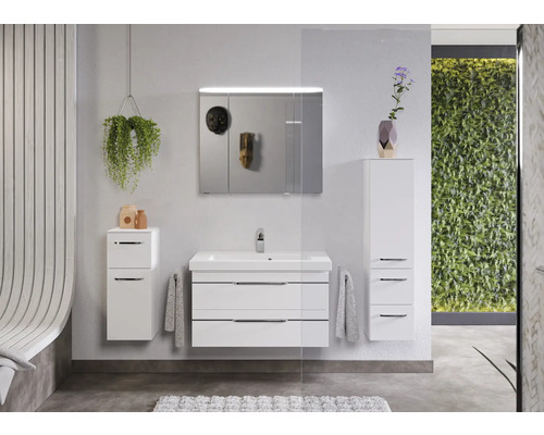 Salle de bain moderne avec meuble-lavabo blanc, armoire de toilette à miroir, armoire suspendue et plante suspendue.