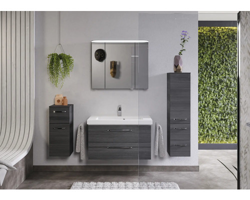 Modernes Badezimmer mit Waschbeckenunterschrank, Spiegelschrank und Hochschränken.