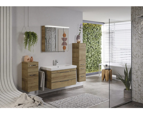 Salle de bain moderne avec lavabo, armoire de toilette et armoire haute aspect bois et jardin vertical