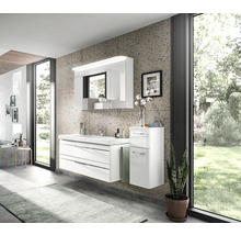 Salle de bains moderne avec meuble-lavabo, armoire de toilette et armoire haute dans une pièce lumineuse avec fenêtre.