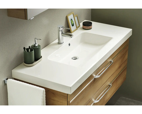 Badezimmer Waschtisch mit Waschbecken, Armatur und Holzunterschrank