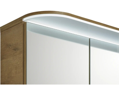 Detailansicht eines Spiegelschranks mit Beleuchtung und Holzdekor