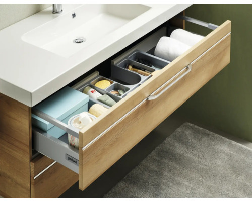 Meuble sous-lavabo avec tiroirs et accessoires de salle de bain