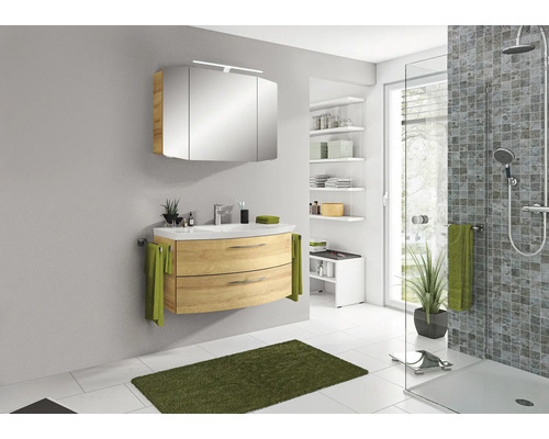 Modernes Badezimmer mit Waschtisch, Spiegelschrank und Dusche