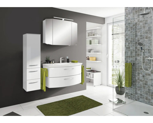 Salle de bain moderne avec meuble sous-lavabo, armoire de toilette, armoire haute et douche