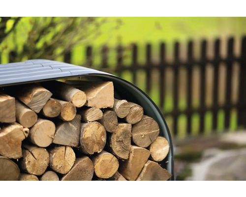 Pile de bois sous un abri pour le stockage du bois de chauffage dans le jardin