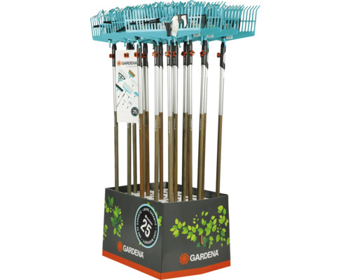 Présentoir de vente avec plusieurs râteaux Gardena avec manche
